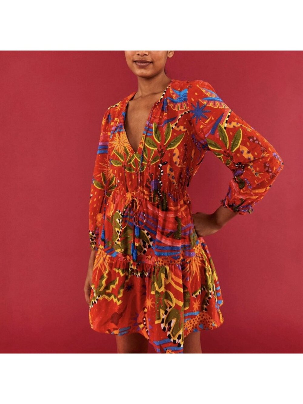 NEW Farm Rio Red Magic Forest Mini Dress Long Sleeve Beaded Tassel Tie Sz Small